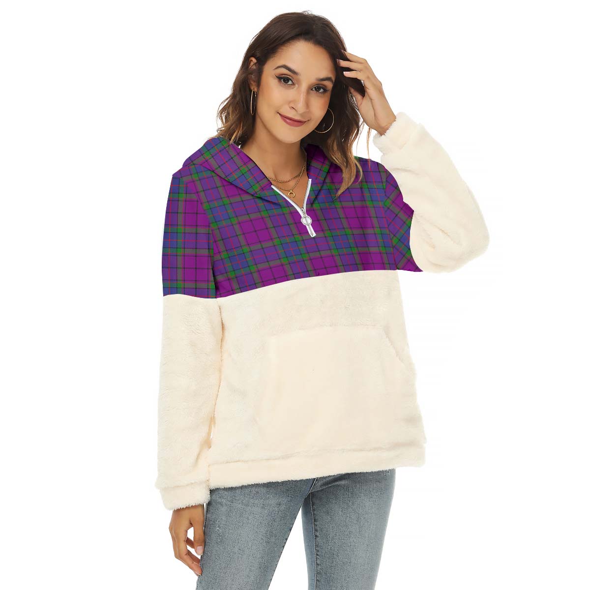 wardlaw-modern-tartan-womens-borg-fleece-hoodie-with-half-zip