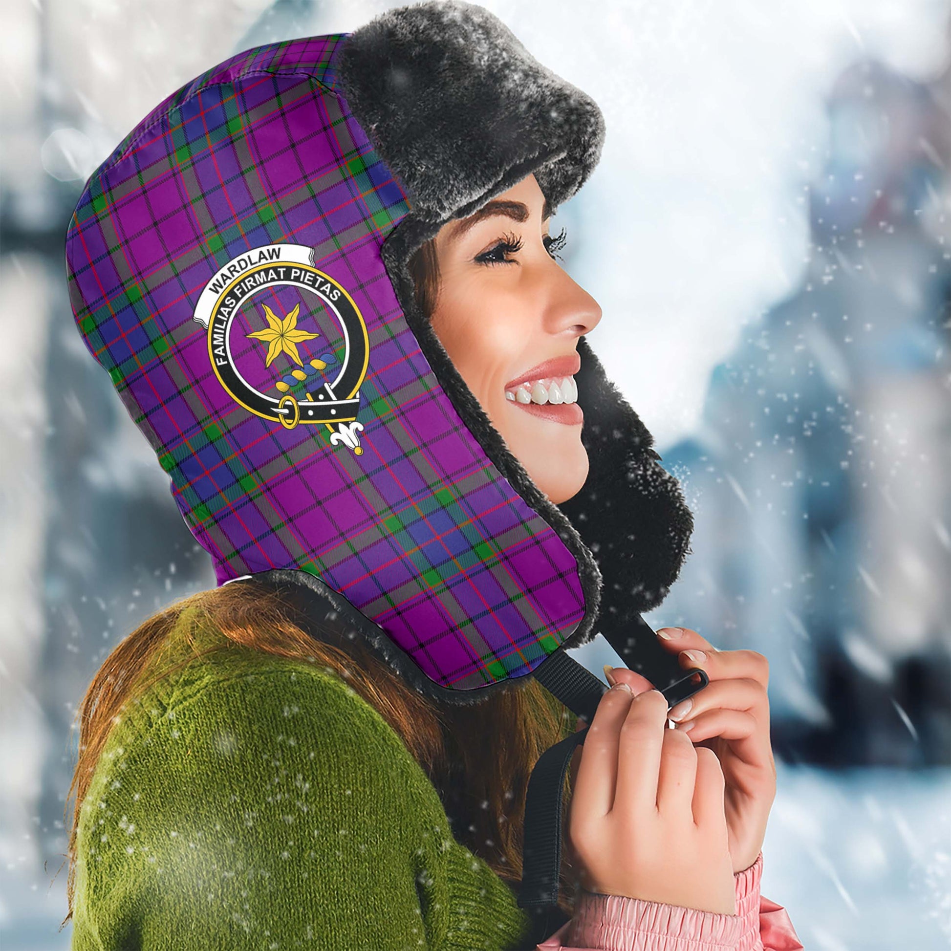 Wardlaw Modern Tartan Winter Trapper Hat with Family Crest Winter Trapper Hat Universal Fit Circumference 22.8in (58cm) - Tartanvibesclothing