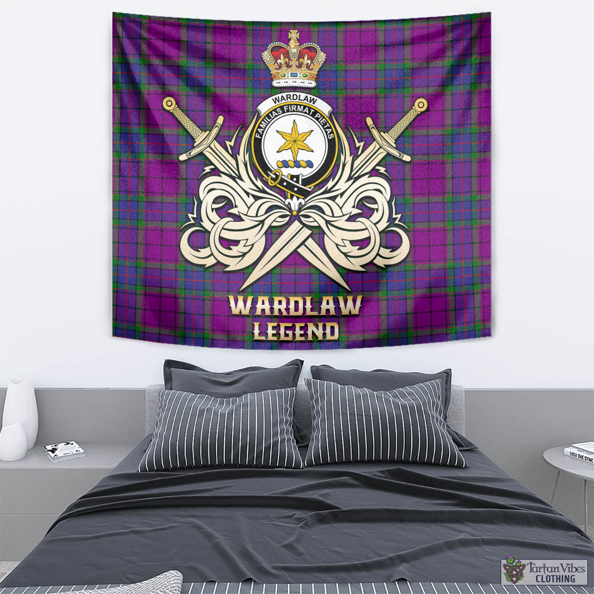 Tartan Vibes Clothing Wardlaw Modern Tartan Tapestry with Clan Crest and the Golden Sword of Courageous Legacy