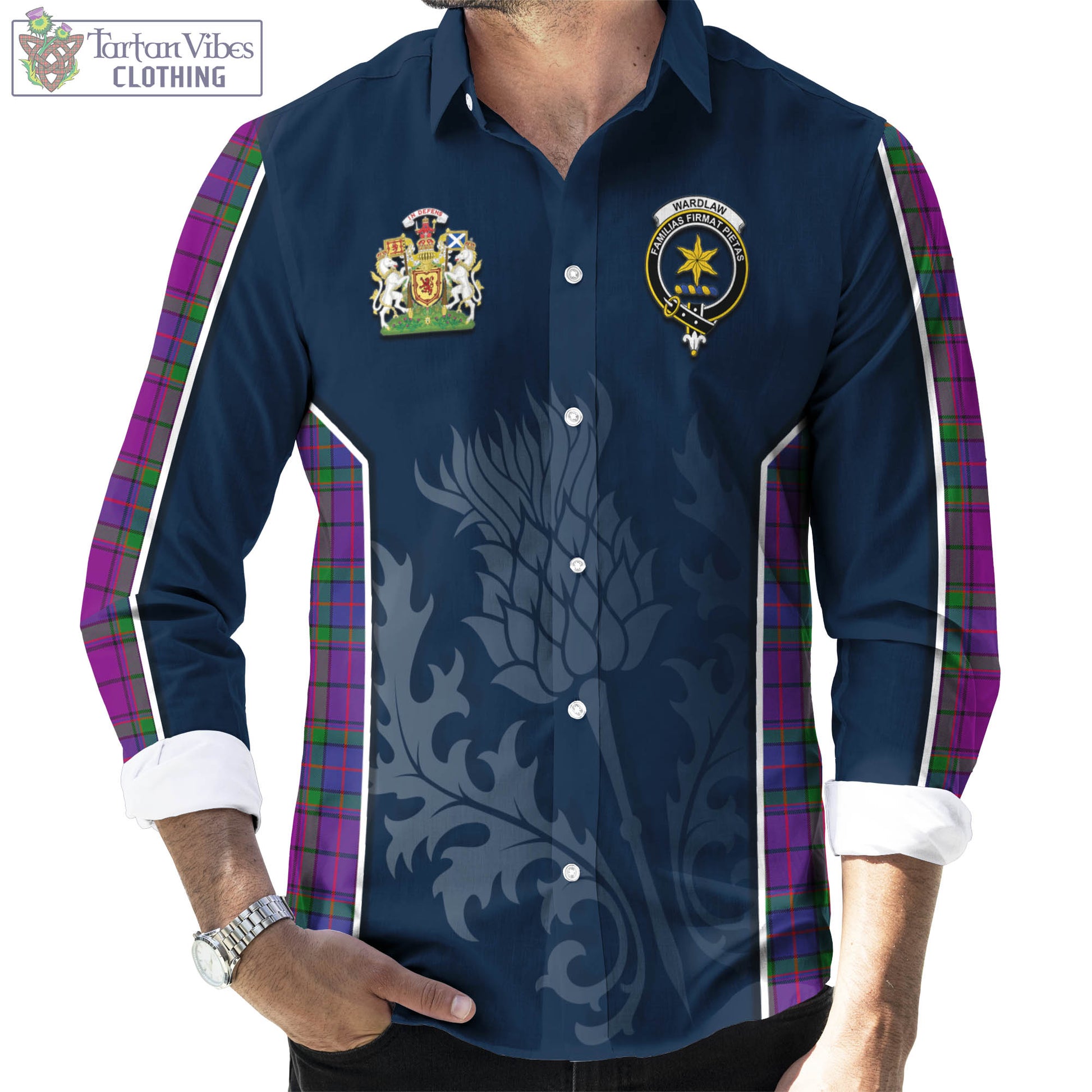 Tartan Vibes Clothing Wardlaw Modern Tartan Long Sleeve Button Up Shirt with Family Crest and Scottish Thistle Vibes Sport Style