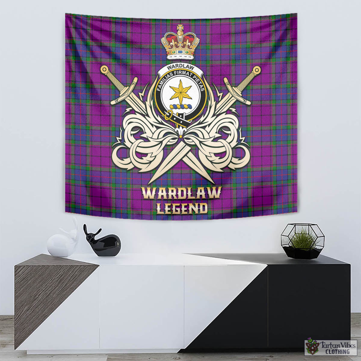 Tartan Vibes Clothing Wardlaw Modern Tartan Tapestry with Clan Crest and the Golden Sword of Courageous Legacy