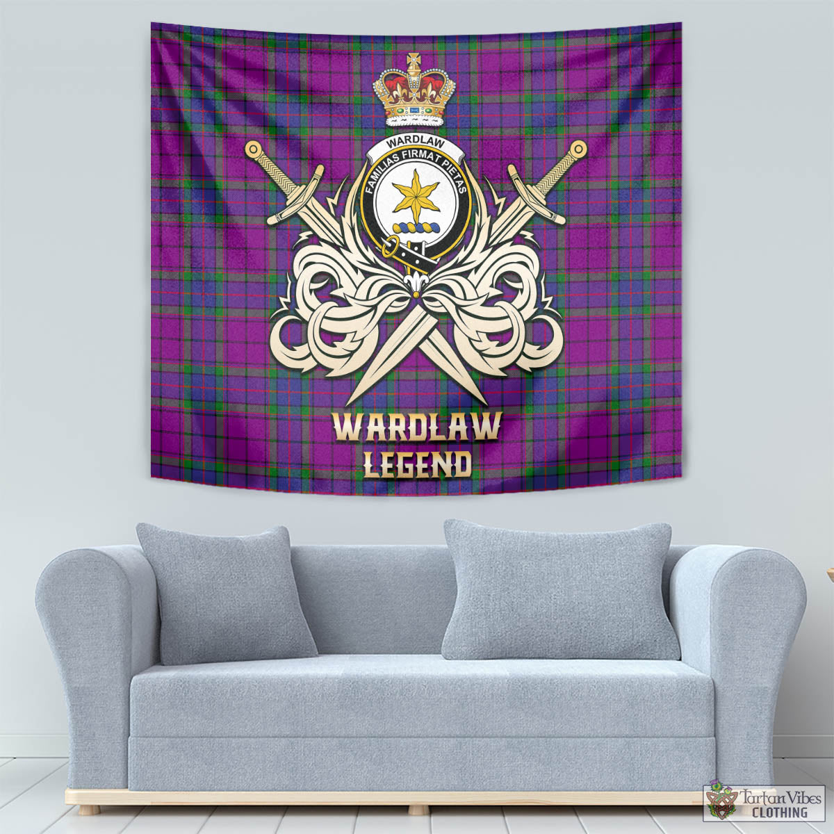 Tartan Vibes Clothing Wardlaw Modern Tartan Tapestry with Clan Crest and the Golden Sword of Courageous Legacy