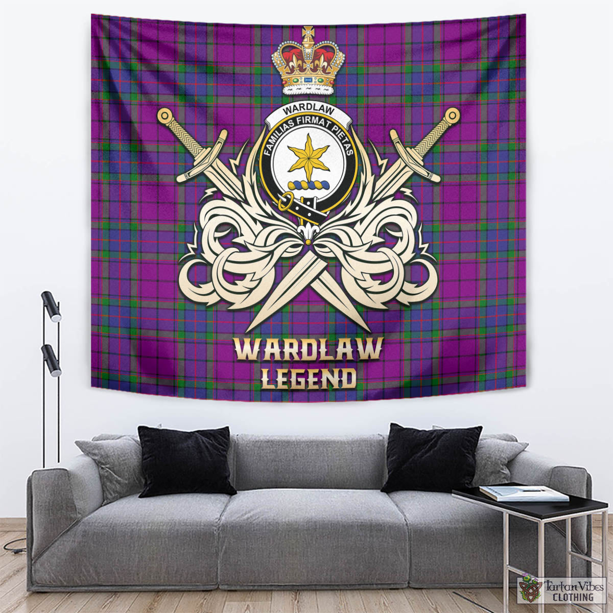 Tartan Vibes Clothing Wardlaw Modern Tartan Tapestry with Clan Crest and the Golden Sword of Courageous Legacy