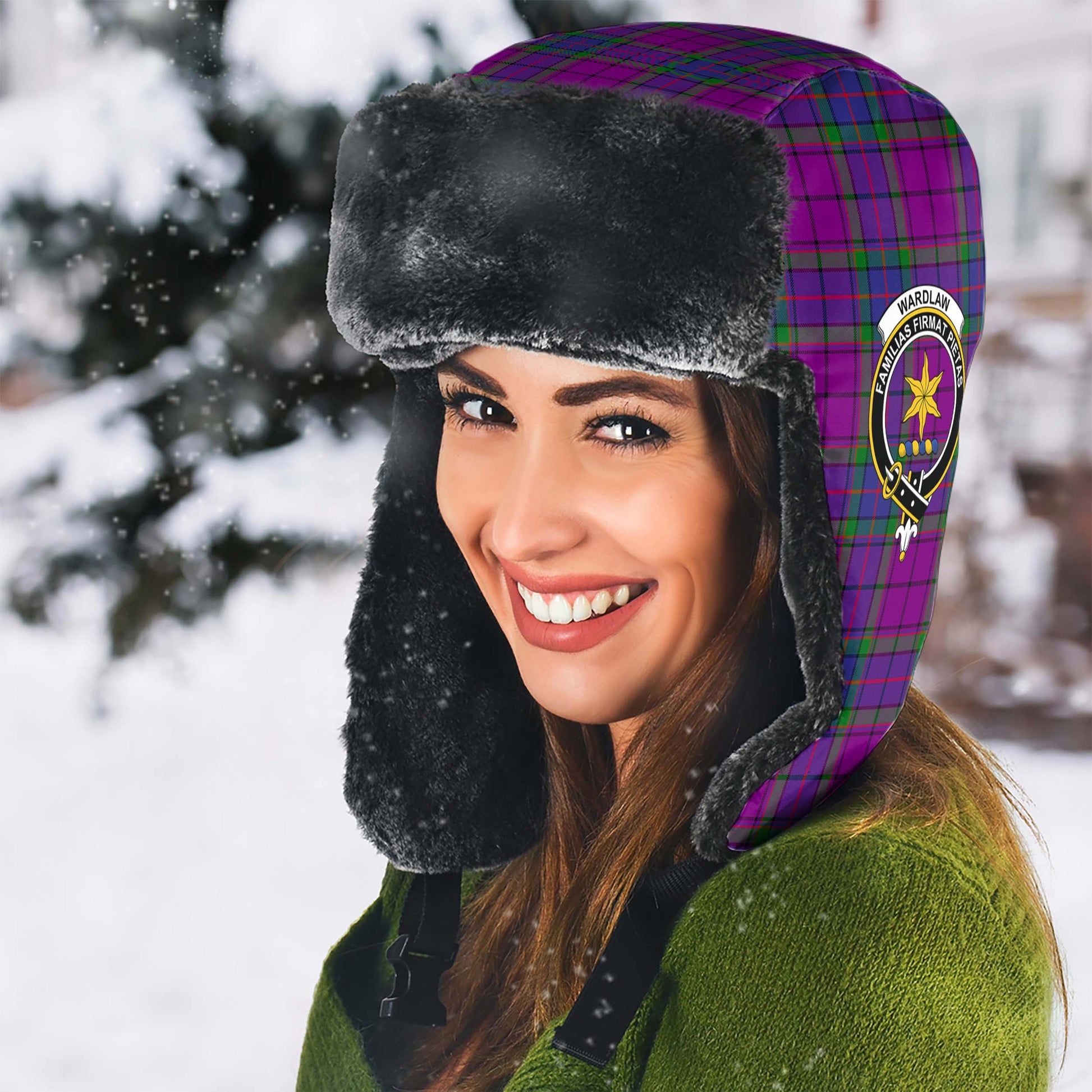 Wardlaw Modern Tartan Winter Trapper Hat with Family Crest - Tartanvibesclothing