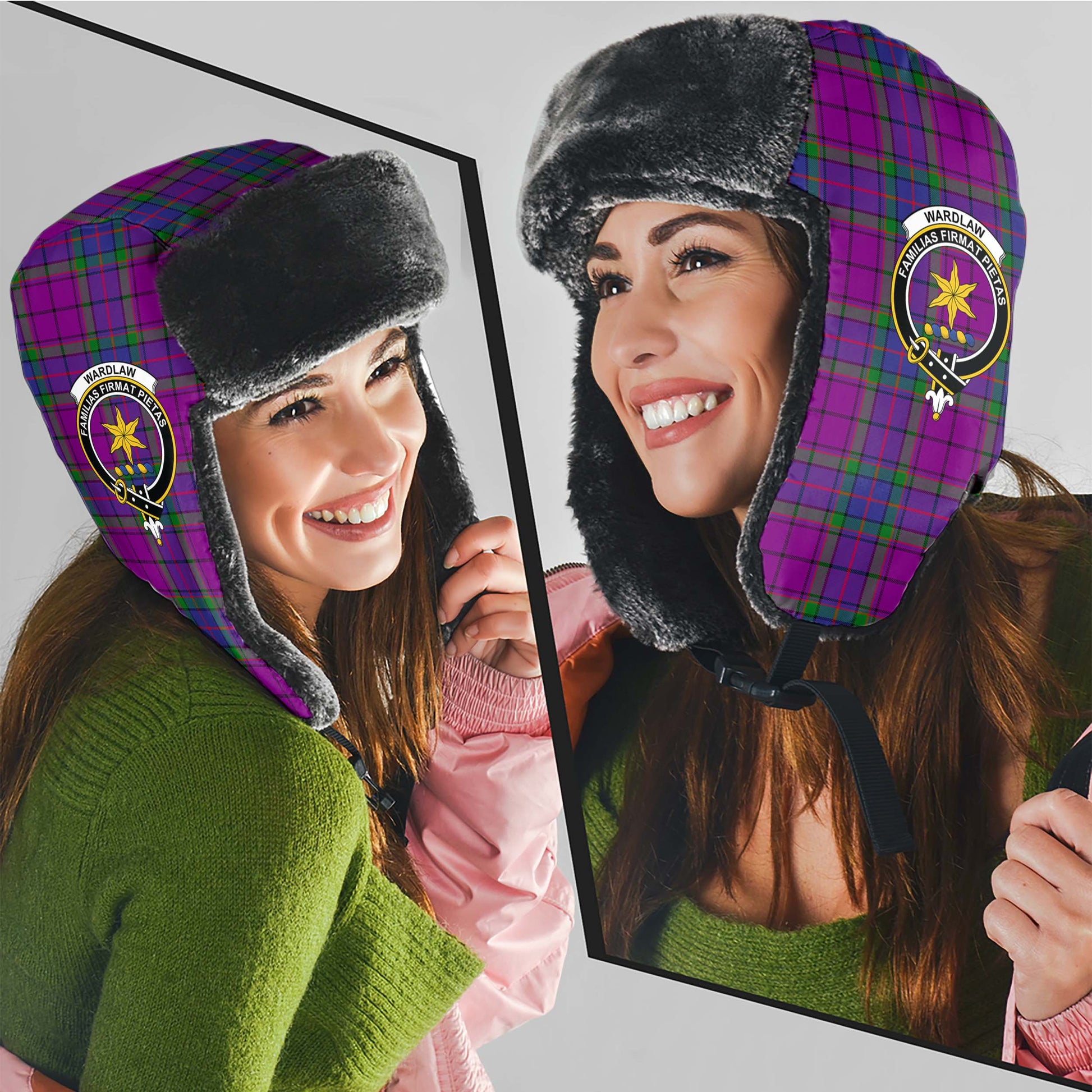 Wardlaw Modern Tartan Winter Trapper Hat with Family Crest - Tartanvibesclothing