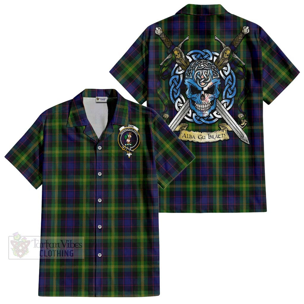 Tartan Vibes Clothing Watson Tartan Short Sleeve Button Shirt with Family Crest Celtic Skull Style