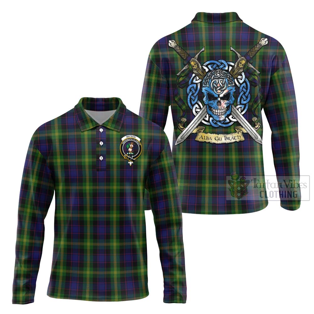 Tartan Vibes Clothing Watson Tartan Long Sleeve Polo Shirt with Family Crest Celtic Skull Style