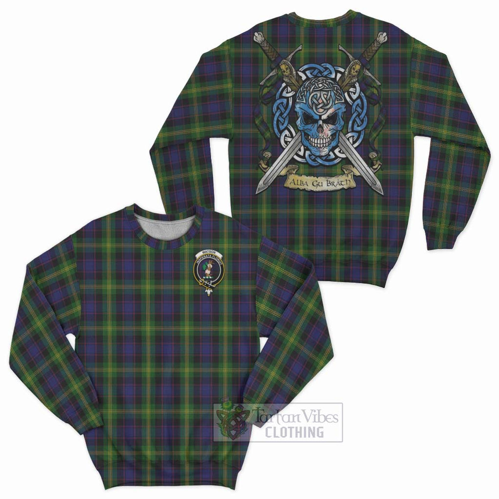 Tartan Vibes Clothing Watson Tartan Sweatshirt with Family Crest Celtic Skull Style