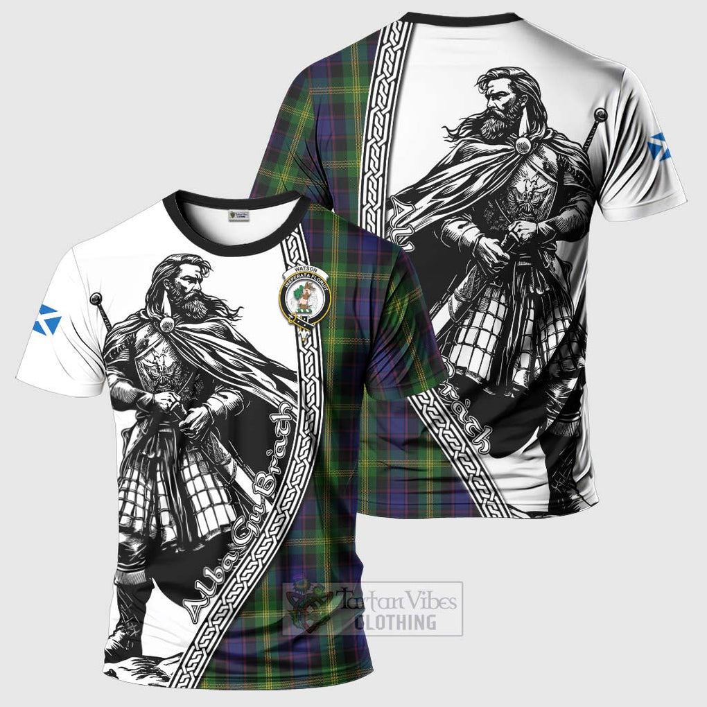 Tartan Vibes Clothing Watson Tartan Clan Crest T-Shirt with Highlander Warrior Celtic Style