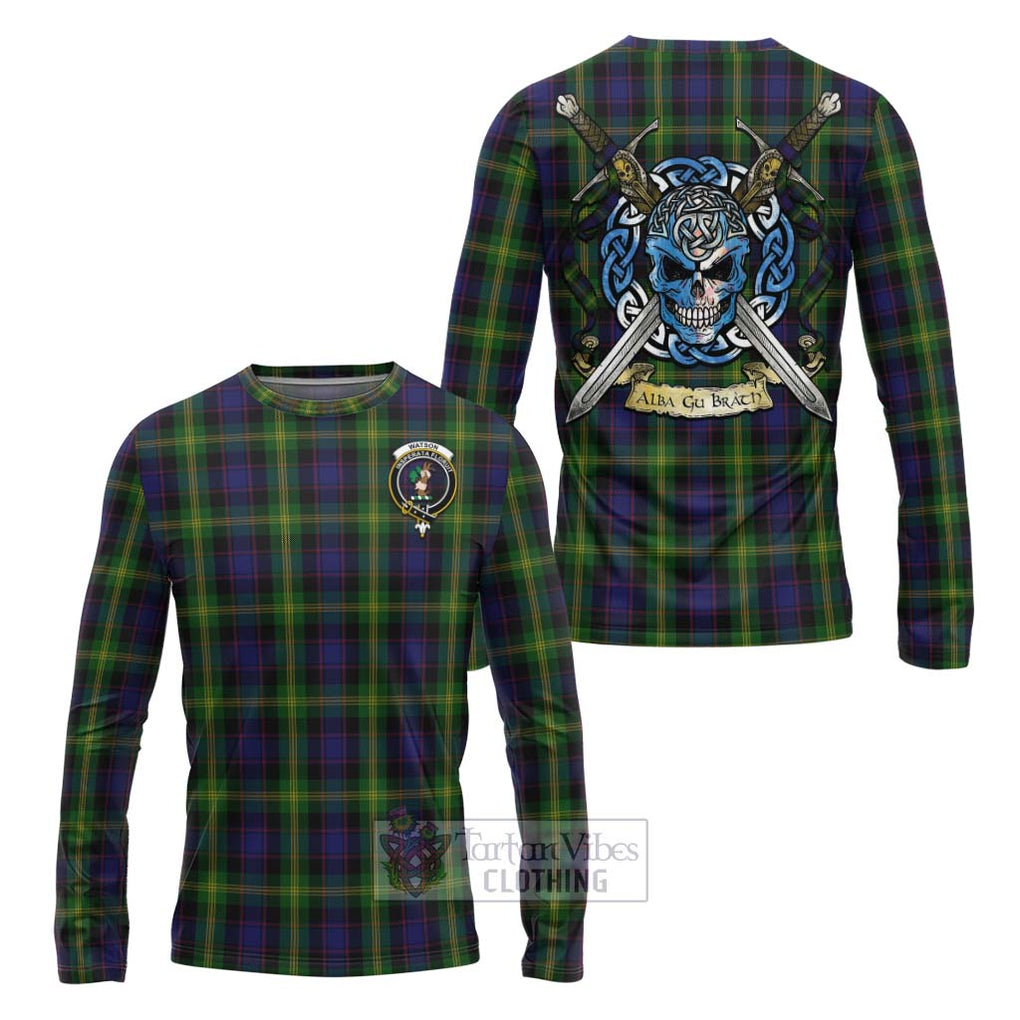 Tartan Vibes Clothing Watson Tartan Long Sleeve T-Shirt with Family Crest Celtic Skull Style