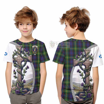 Watson Tartan Kid T-Shirt with Family Crest and St. Andrew's Cross Accented by Thistle Vines