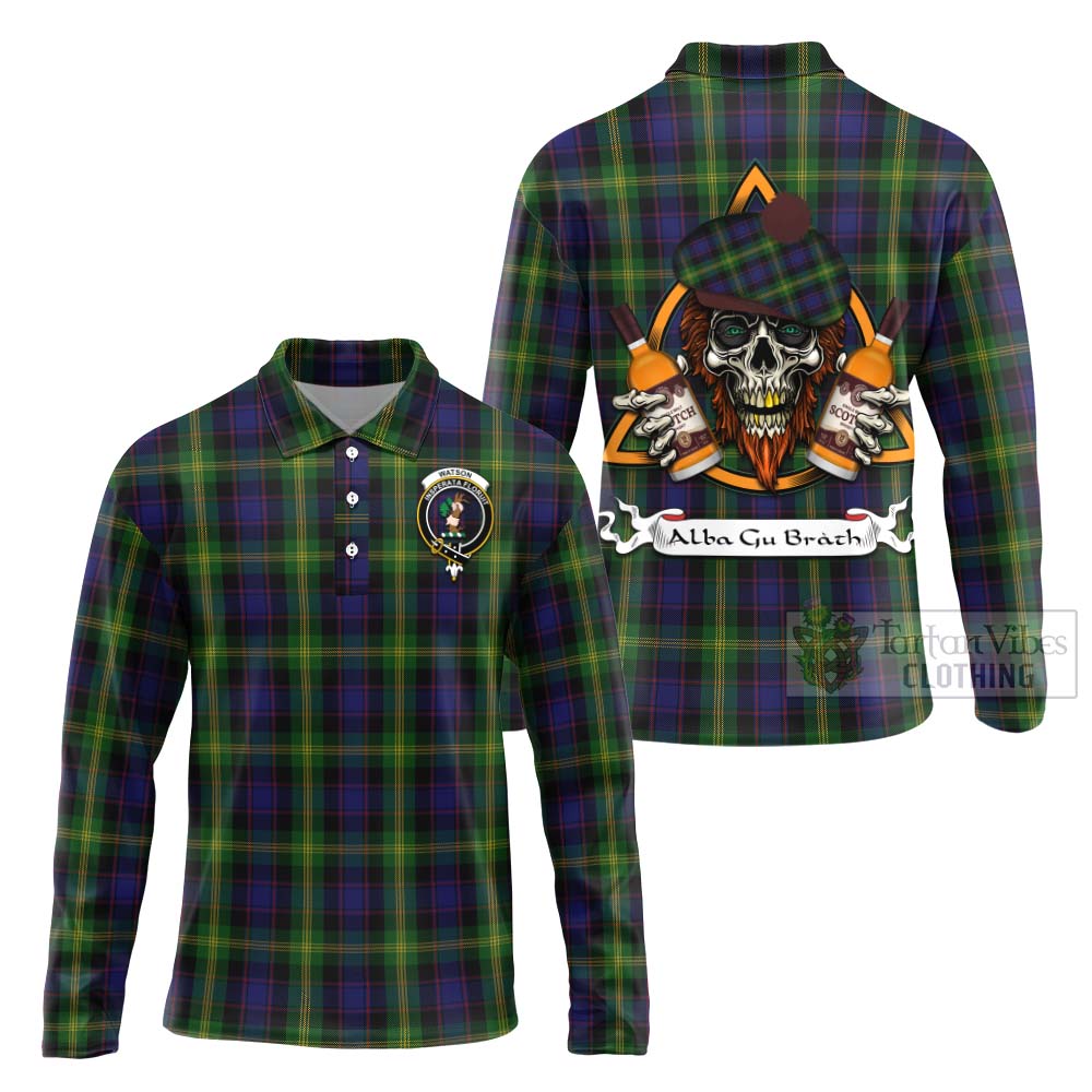 Tartan Vibes Clothing Watson Tartan Long Sleeve Polo Shirt with Family Crest and Bearded Skull Holding Bottles of Whiskey