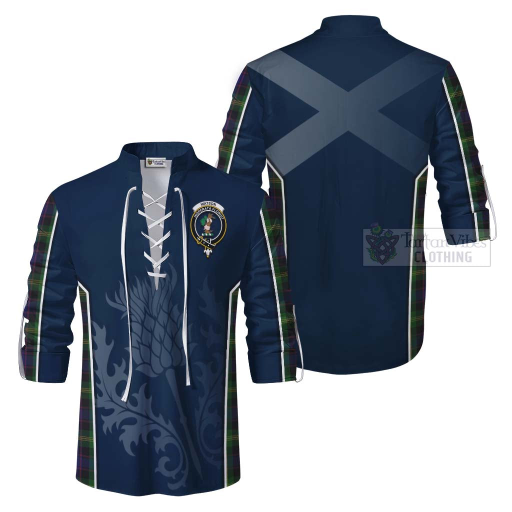 Tartan Vibes Clothing Watson Tartan Ghillie Kilt Shirt with Family Crest and Scottish Thistle Vibes Sport Style