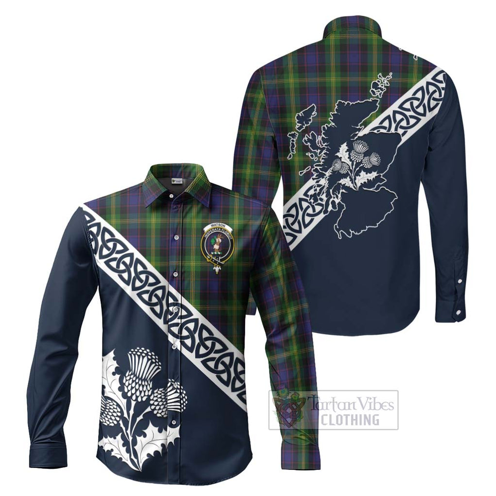 Tartan Vibes Clothing Watson Tartan Long Sleeve Button Shirt Featuring Thistle and Scotland Map