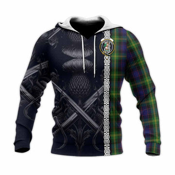 Watson Tartan Knitted Hoodie with Family Crest Cross Sword Thistle Celtic Vibes