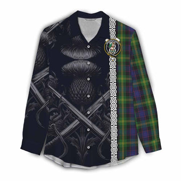 Watson Tartan Women's Casual Shirt with Family Crest Cross Sword Thistle Celtic Vibes