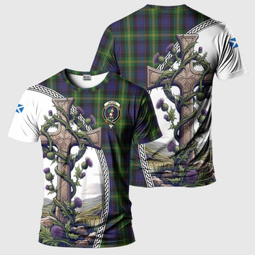 Watson Tartan T-Shirt with Family Crest and St. Andrew's Cross Accented by Thistle Vines