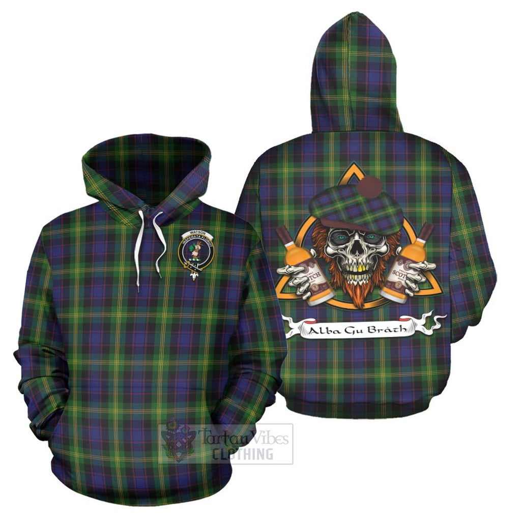 Tartan Vibes Clothing Watson Tartan Hoodie with Family Crest and Bearded Skull Holding Bottles of Whiskey