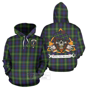 Watson Tartan Hoodie with Family Crest and Bearded Skull Holding Bottles of Whiskey