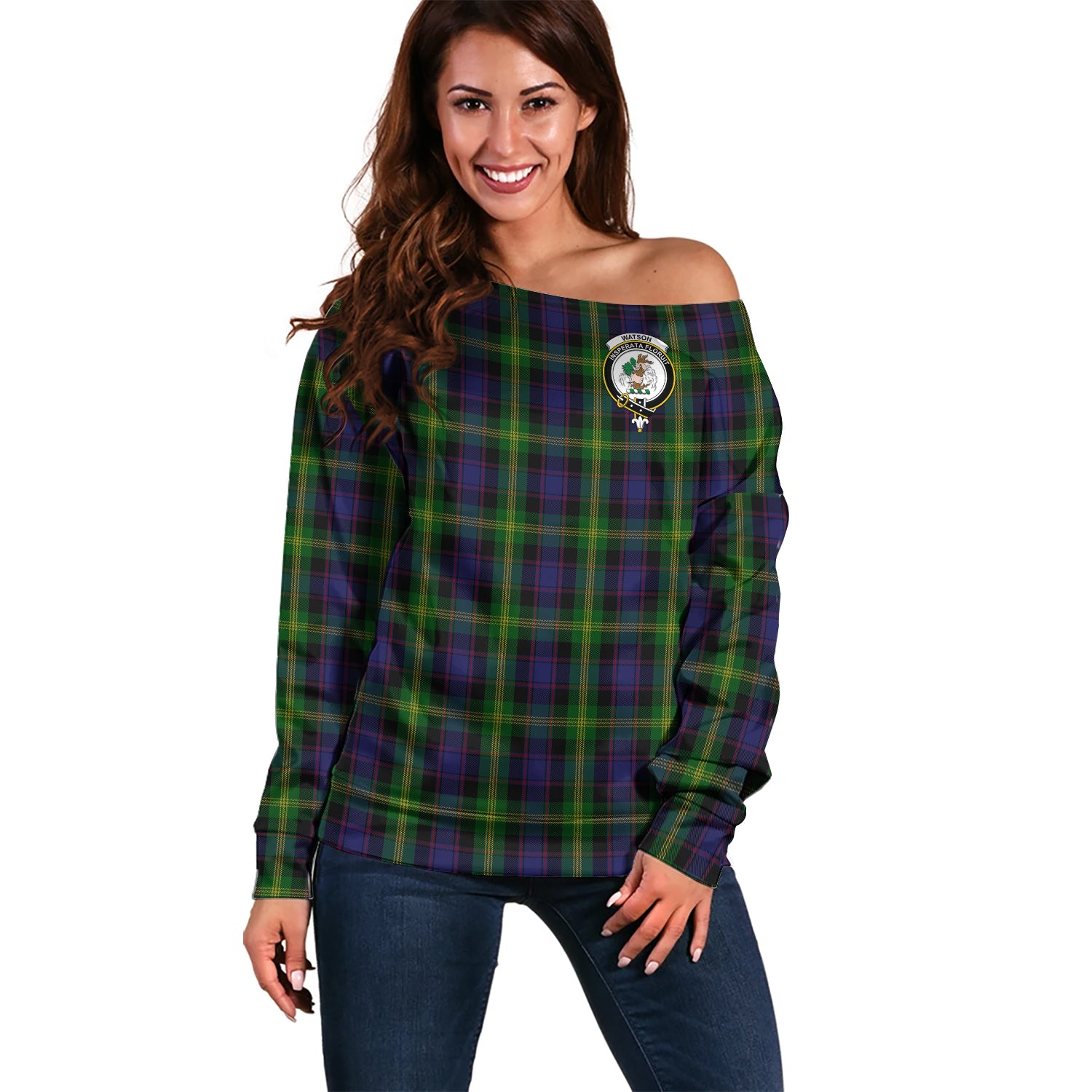 Watson Tartan Off Shoulder Women Sweater with Family Crest Women - Tartanvibesclothing Shop