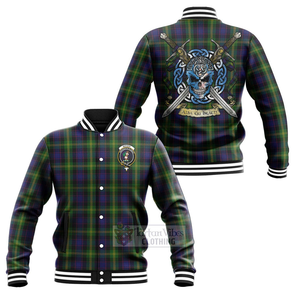 Tartan Vibes Clothing Watson Tartan Baseball Jacket with Family Crest Celtic Skull Style