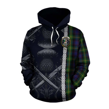 Watson Tartan Cotton Hoodie with Family Crest Cross Sword Thistle Celtic Vibes