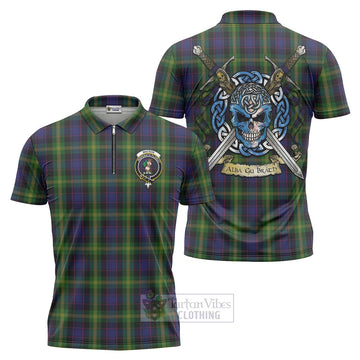 Watson Tartan Zipper Polo Shirt with Family Crest Celtic Skull Style