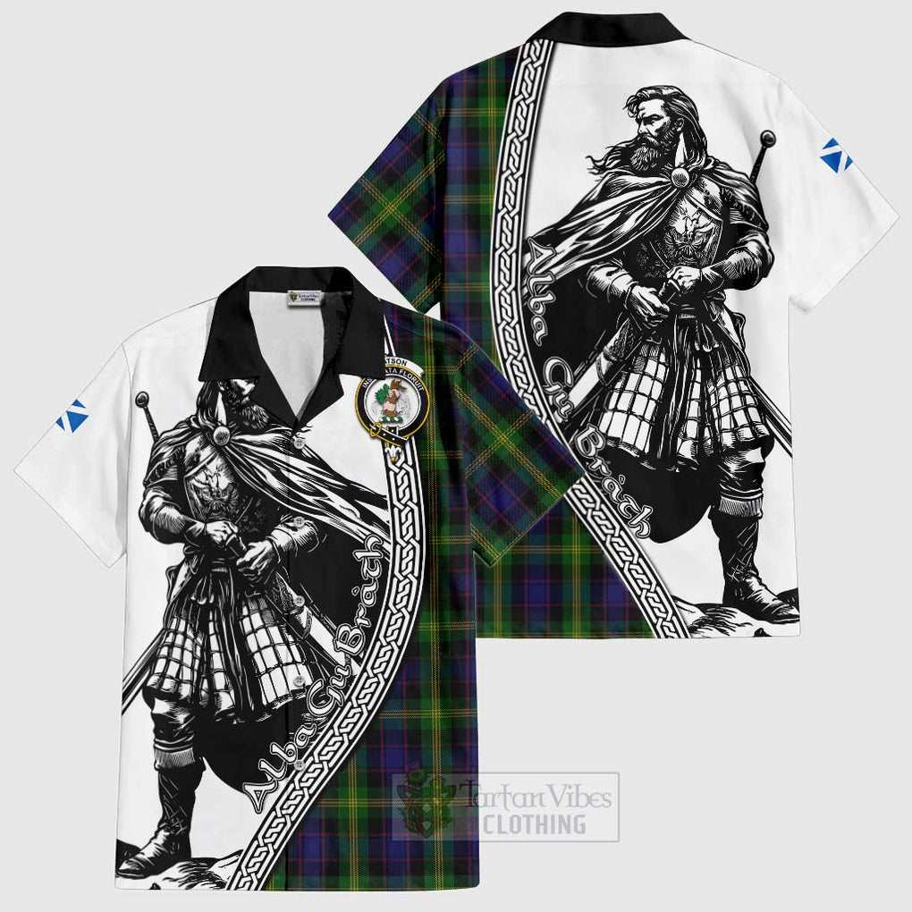 Tartan Vibes Clothing Watson Tartan Clan Crest Short Sleeve Button Shirt with Highlander Warrior Celtic Style