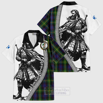 Watson Tartan Clan Crest Short Sleeve Button Shirt with Highlander Warrior Celtic Style