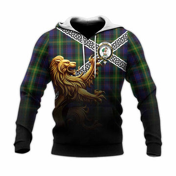 Watson Crest Tartan Knitted Hoodie with Golden Lion Emblem Celtic Style Unisex Knitted Pullover Hoodie - Tartan Vibes Clothing