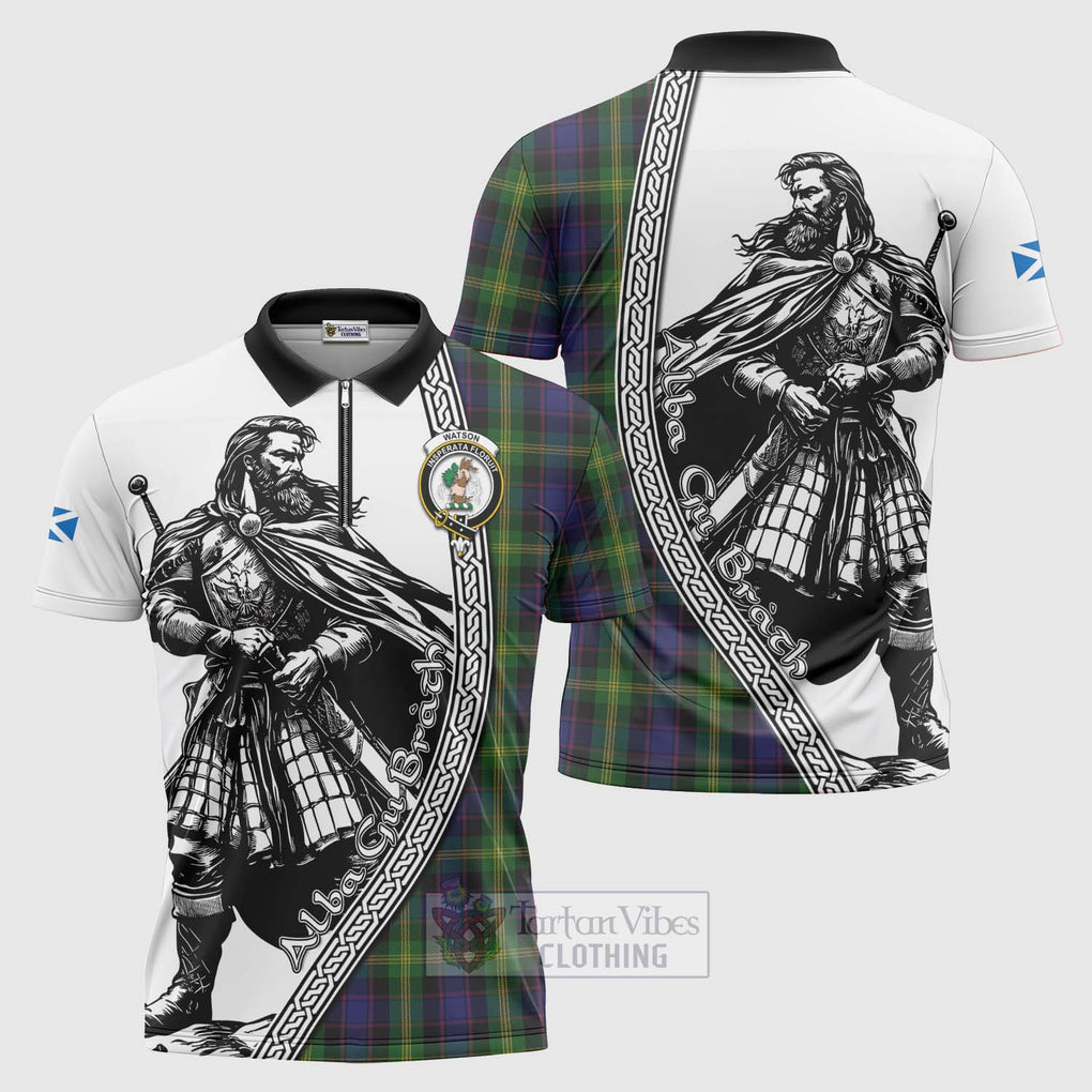 Tartan Vibes Clothing Watson Tartan Clan Crest Zipper Polo Shirt with Highlander Warrior Celtic Style