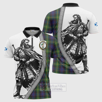 Watson Tartan Clan Crest Zipper Polo Shirt with Highlander Warrior Celtic Style