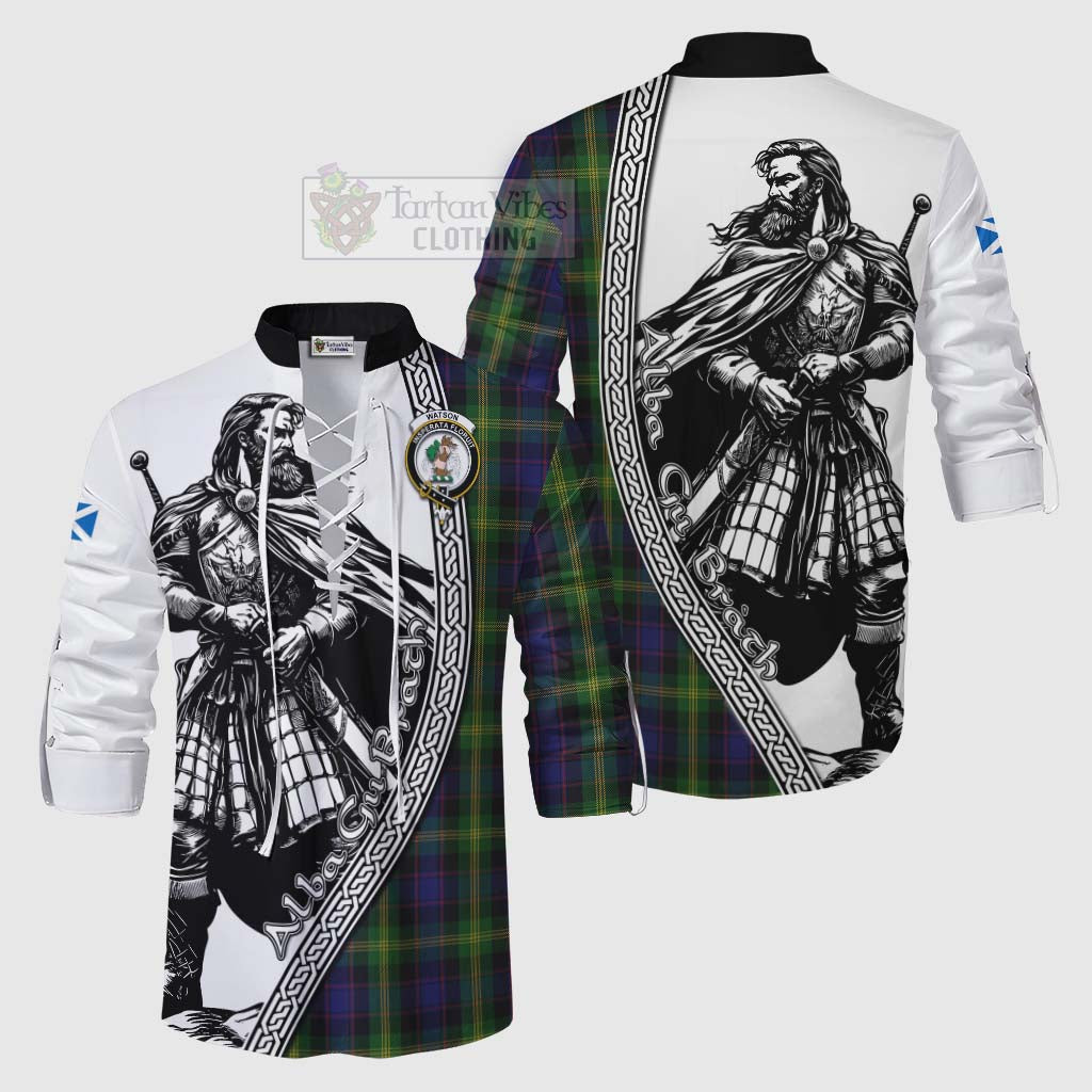 Tartan Vibes Clothing Watson Tartan Clan Crest Ghillie Kilt Shirt with Highlander Warrior Celtic Style