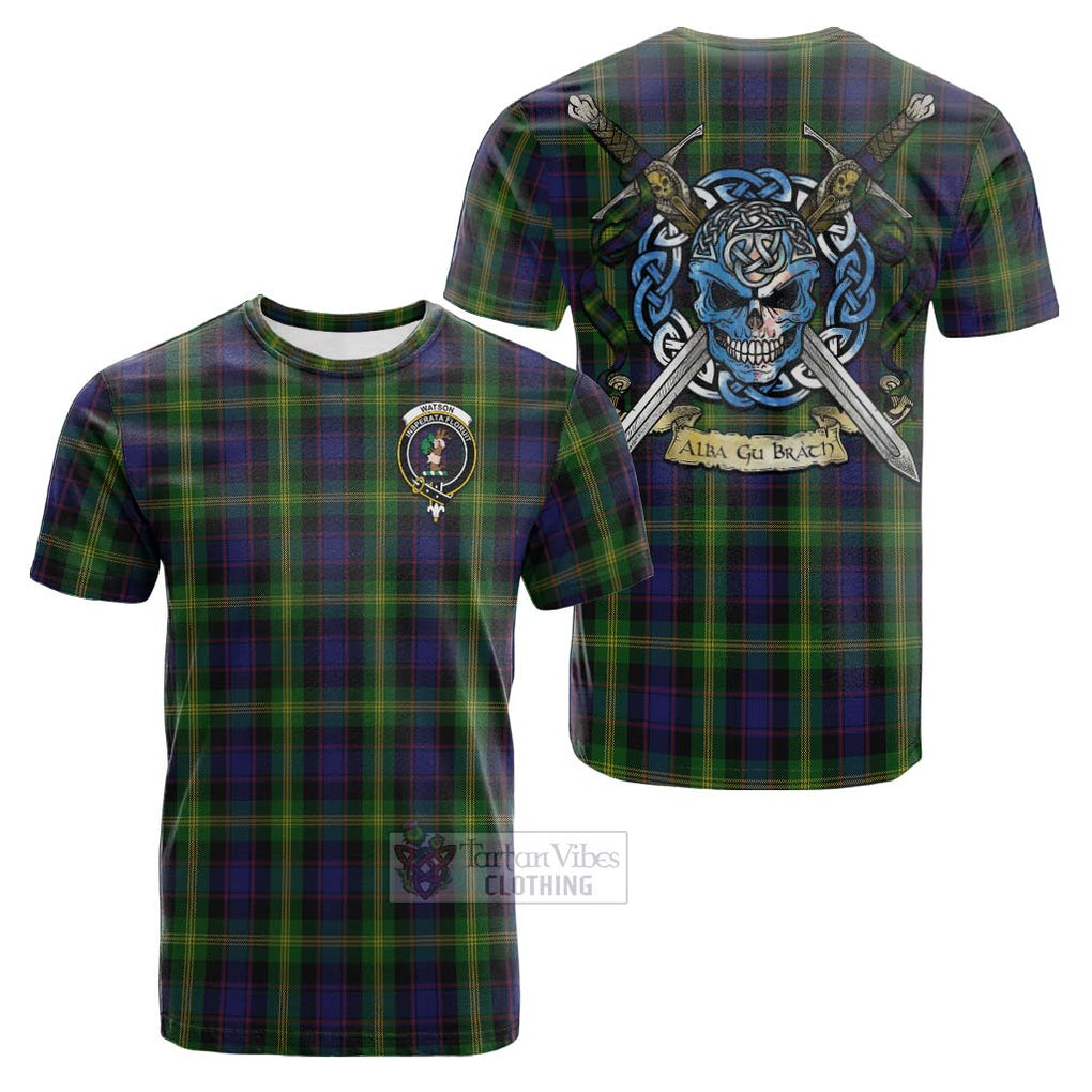 Tartan Vibes Clothing Watson Tartan Cotton T-shirt with Family Crest Celtic Skull Style