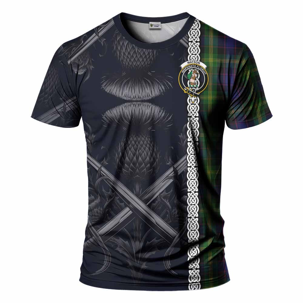 Tartan Vibes Clothing Watson Tartan T-Shirt with Family Crest Cross Sword Thistle Celtic Vibes