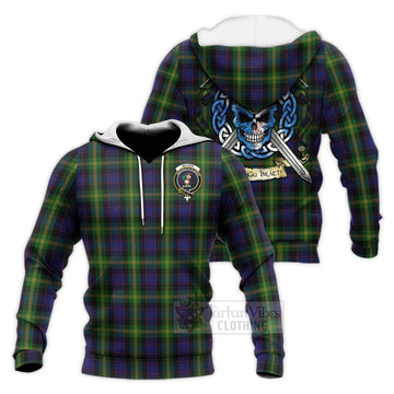 Watson Tartan Knitted Hoodie with Family Crest Celtic Skull Style