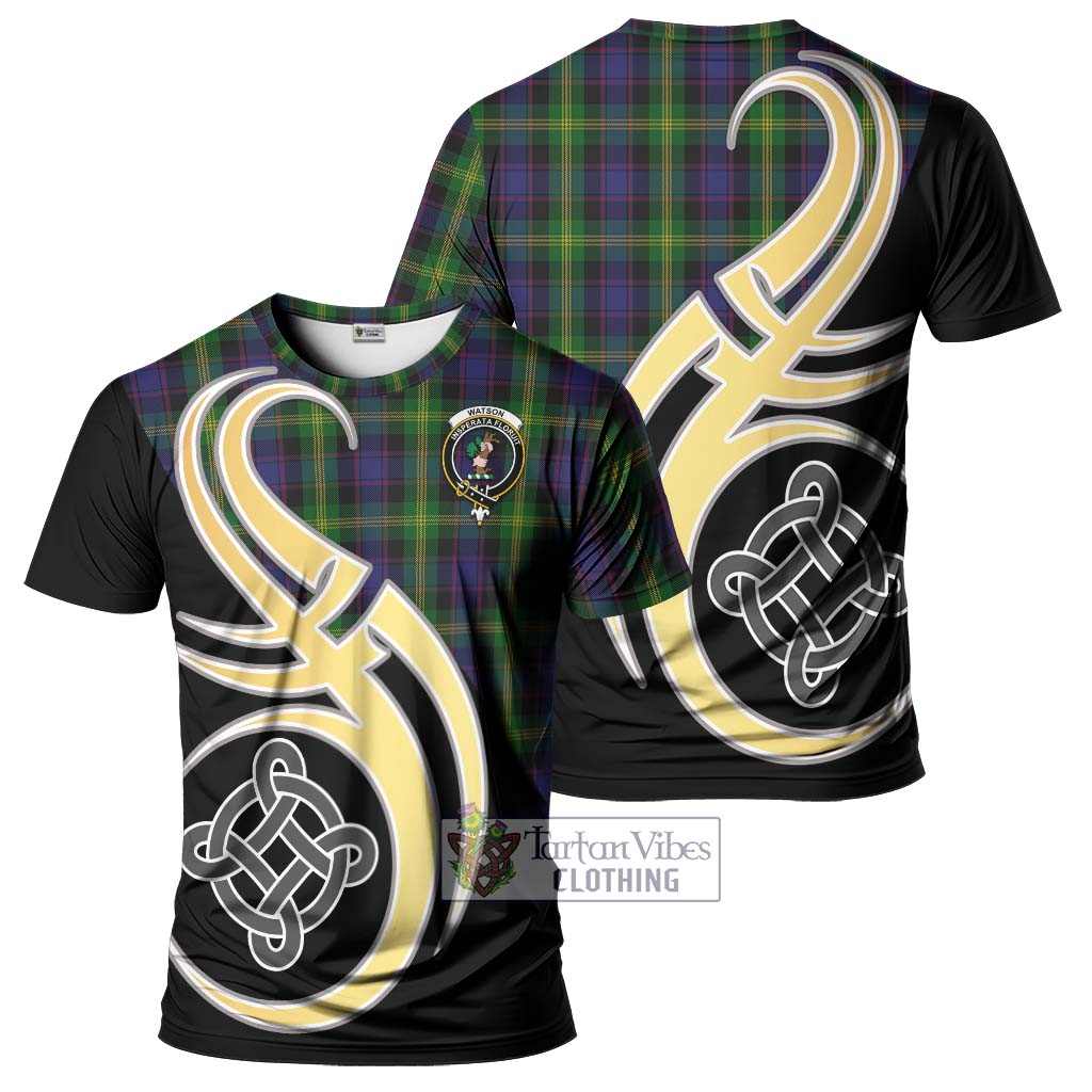 Tartan Vibes Clothing Watson Tartan T-Shirt with Family Crest and Celtic Symbol Style