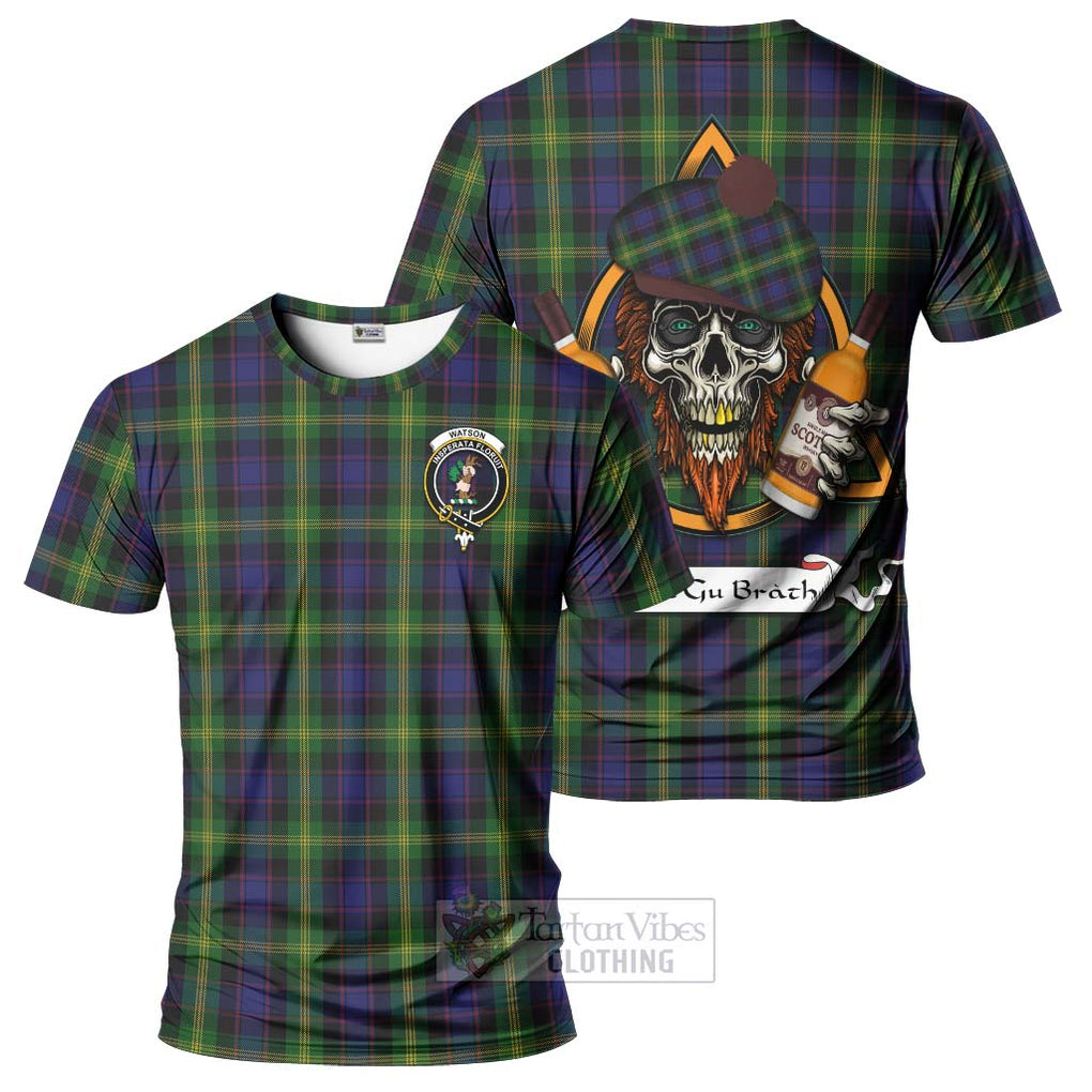 Tartan Vibes Clothing Watson Tartan T-Shirt with Family Crest and Bearded Skull Holding Bottles of Whiskey