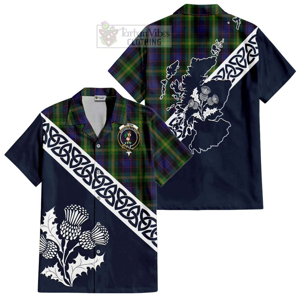 Tartan Vibes Clothing Watson Tartan Short Sleeve Button Shirt Featuring Thistle and Scotland Map