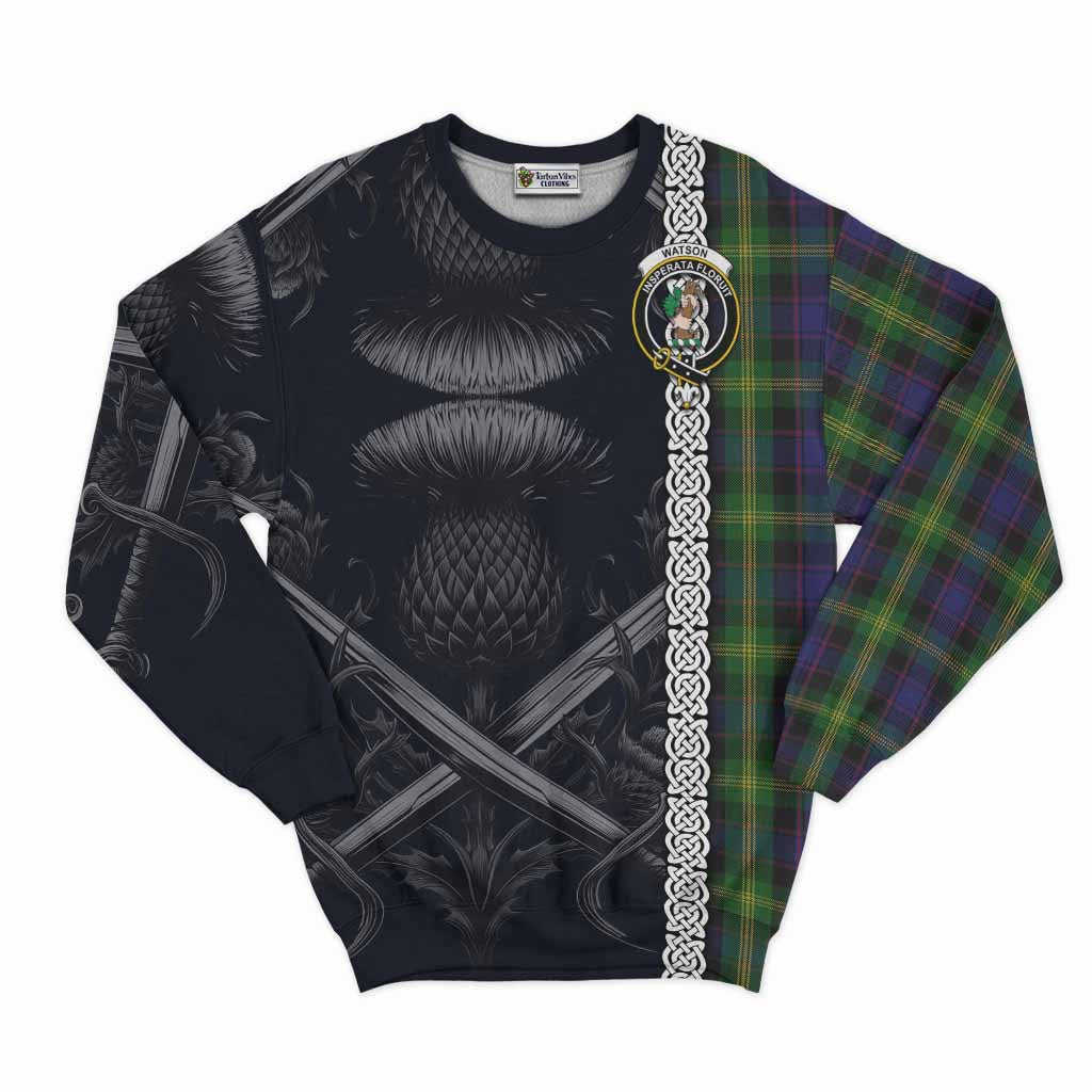 Tartan Vibes Clothing Watson Tartan Sweatshirt with Family Crest Cross Sword Thistle Celtic Vibes