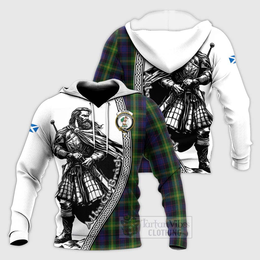 Tartan Vibes Clothing Watson Tartan Clan Crest Knitted Hoodie with Highlander Warrior Celtic Style