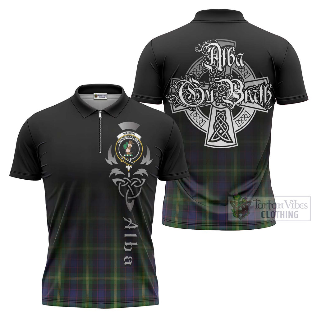 Tartan Vibes Clothing Watson Tartan Zipper Polo Shirt Featuring Alba Gu Brath Family Crest Celtic Inspired