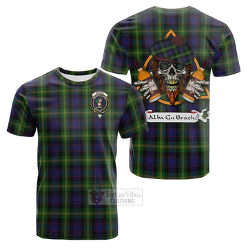 Watson Tartan Cotton T-shirt with Family Crest and Bearded Skull Holding Bottles of Whiskey