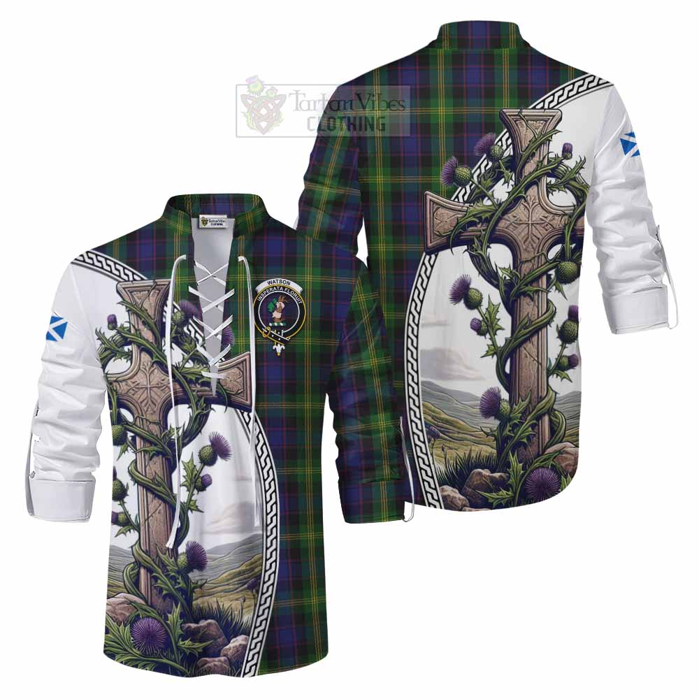 Tartan Vibes Clothing Watson Tartan Ghillie Kilt Shirt with Family Crest and St. Andrew's Cross Accented by Thistle Vines