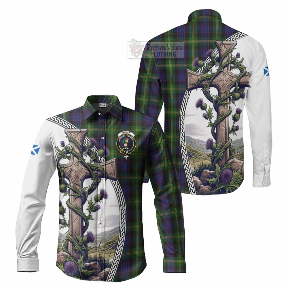 Tartan Vibes Clothing Watson Tartan Long Sleeve Button Shirt with Family Crest and St. Andrew's Cross Accented by Thistle Vines