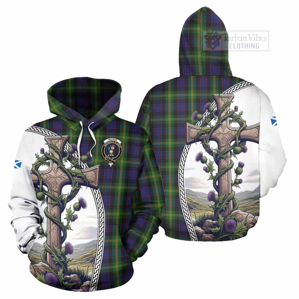 Tartan Vibes Clothing Watson Tartan Hoodie with Family Crest and St. Andrew's Cross Accented by Thistle Vines