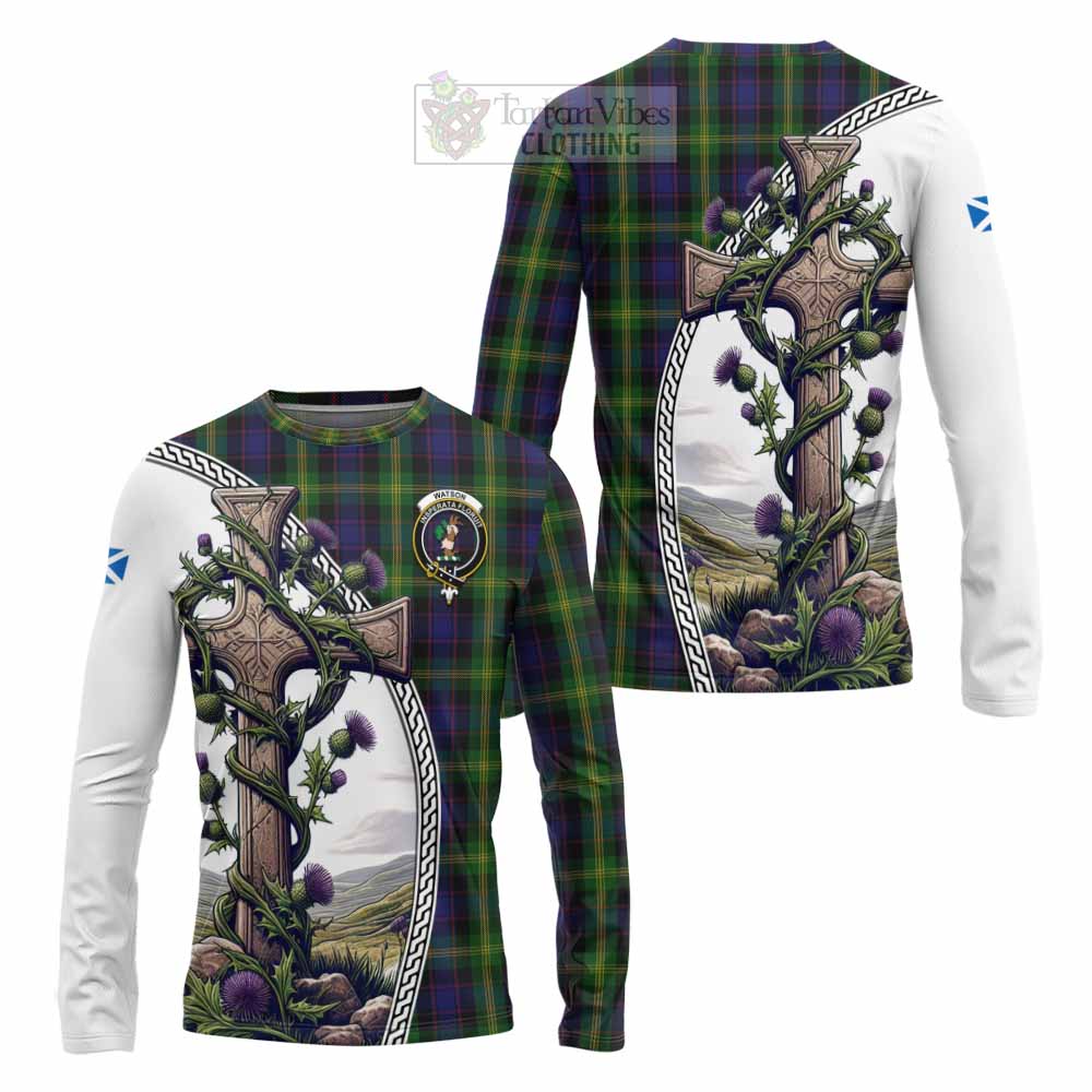 Tartan Vibes Clothing Watson Tartan Long Sleeve T-Shirt with Family Crest and St. Andrew's Cross Accented by Thistle Vines