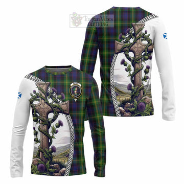 Watson Tartan Long Sleeve T-Shirt with Family Crest and St. Andrew's Cross Accented by Thistle Vines