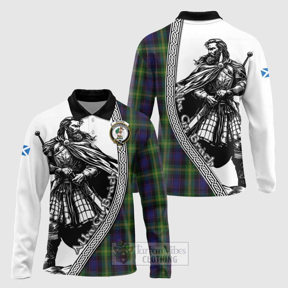 Tartan Vibes Clothing Watson Tartan Clan Crest Long Sleeve Polo Shirt with Highlander Warrior Celtic Style