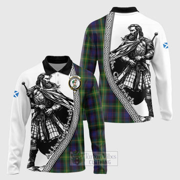 Watson Tartan Clan Crest Long Sleeve Polo Shirt with Highlander Warrior Celtic Style